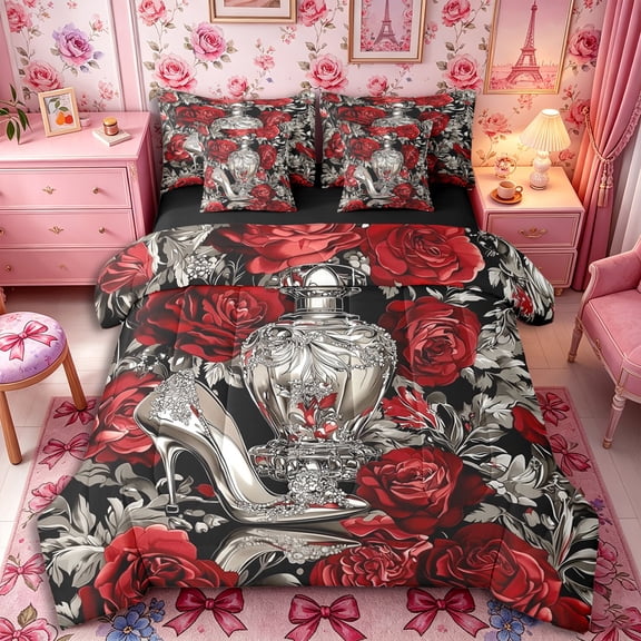 Castle Fairy Silver High Heels Twin Bedding 7-Piece,Gothic Perfume Rose Pattern Bedding Comforter Set,Red Black,Black Reversible