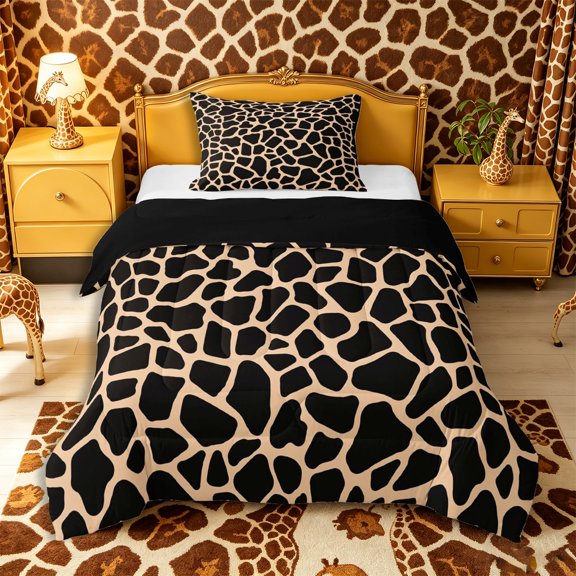 Castle Fairy Simple Giraffe Spot Twin Comforter Sets 2pcs for Girls,Wildlife Print Bedding Set,Black Beige,Black Reversible,1 Comforter and 1 Pillowcase