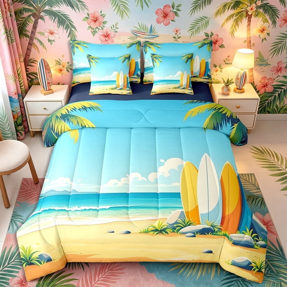 Castle Fairy Simple Pastel Surfboard 7-Piece Twin Bedding,Seaside Palm Landscape Art Bedding Comforter Set,Gold Blue,Navy Blue Reversible