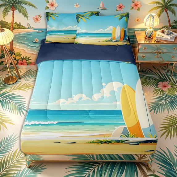 Castle Fairy Simple Pastel Surfboard Zipper Queen Comforter Set with Fitted Sheet and 2 Pillowcases,Seaside Palm Landscape Art Zipper Bedding Set,Gold Blue,Navy Blue Reversible,4 Pieces