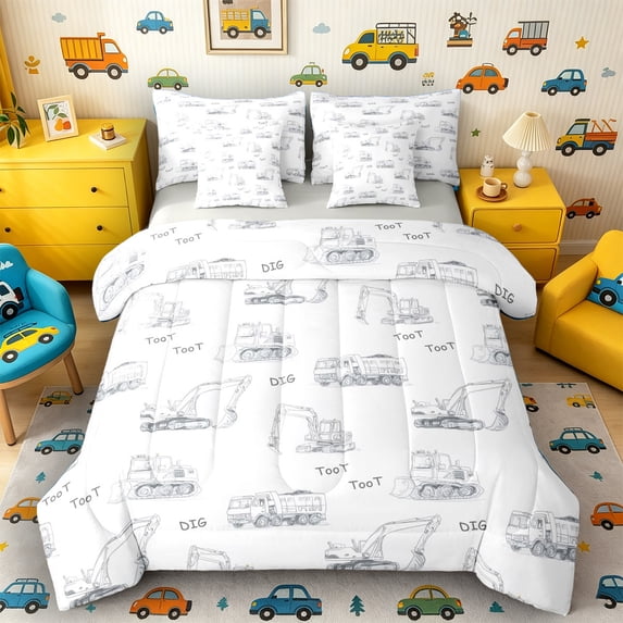 Castle Fairy Sketch Construction Truck Bedding Comforter Set 7 Pieces for Kids, Doodle Dig Print Full Bedding Set for Bedroom, Gray White,Grey Reversible