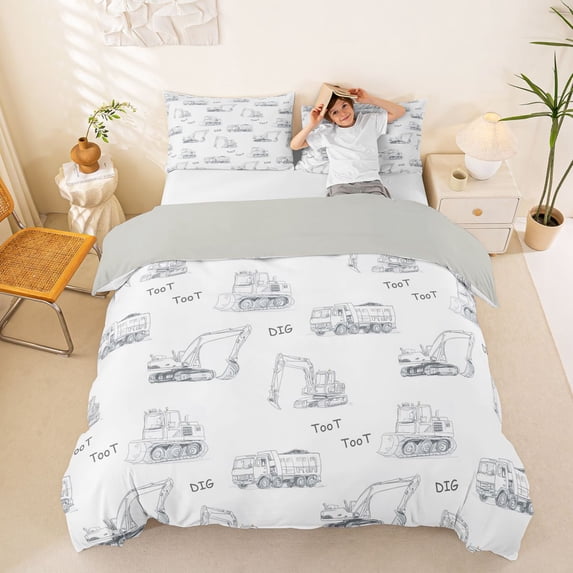 Castle Fairy Sketch Construction Truck Duvet Cover Set for Kids, Doodle Dig Print Bedding Full for Bedroom, Gray White,Grey Reversible,3pcs,No Comforter
