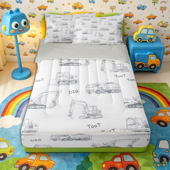Castle Fairy Sketch Construction Truck Zipper Full Size Comforter Sets with Fitted Sheet and 2 Pillowcases,Doodle Dig Print Zipper Bedding Set for Bedroom,Gray White,4pcs,Grey Reversible