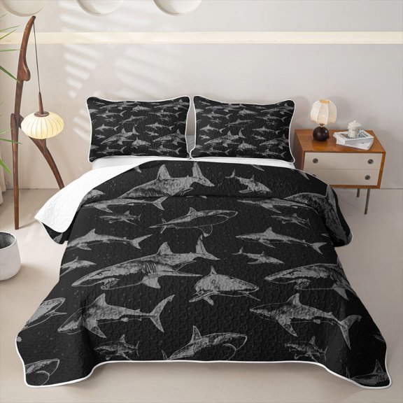 Castle Fairy Sketch Shark Seamless Tile Twin Quilt Set,Line Shark Gray Black Background Print Twin Coverlet Set,Charcoal Black