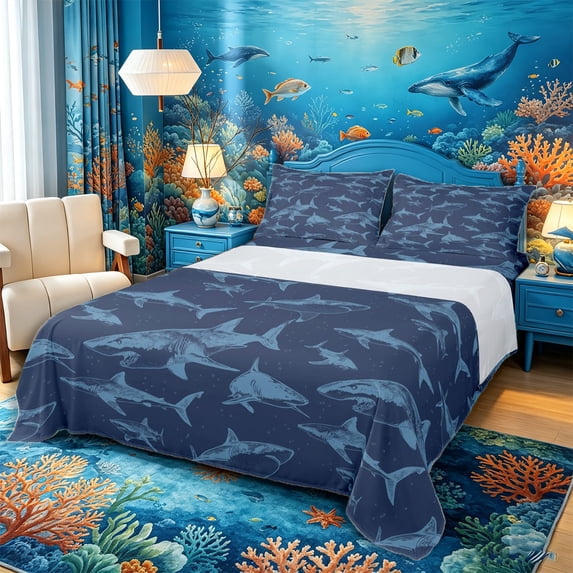 Castle Fairy Sketch Shark Tile Bed Sheets 4-Piece,Line Shark Navy Dark Blue Seamless Print Full Size Sheets,Navy Blue,1 Fitted Sheet,1 Flat Sheet and 2 Pillowcases