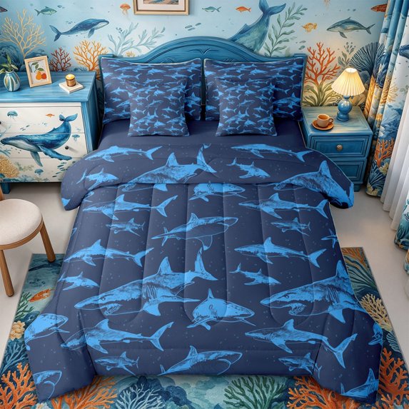 Castle Fairy Sketch Shark Tile Full Size Bedding Sets 7 Pieces,Line Shark Bright Navy Dark Seamless Print Full Size Bed in a Bag,Royal Navy,Navy Blue Reversible