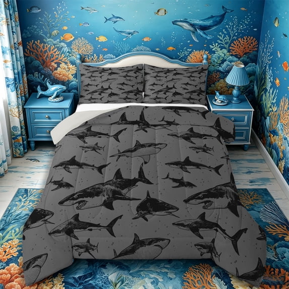 Castle Fairy Sketch Shark Tile Queen Comforter Set 3 Pieces,Line Great Wolf Gray Background Seamless Print Comforter Sets Queen,Charcoal Gray,Grey Reversible,1 Comforter and 2 Pillowcases