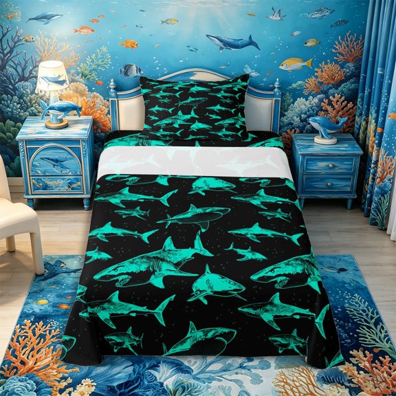 Castle Fairy Sketch Shark Tile Twin Sheets 3pcs,Line Shark Teal Black Seamless Print Bedding,Teal Black,1 Fitted Sheet,1 Flat Sheet and 1 Pillowcase