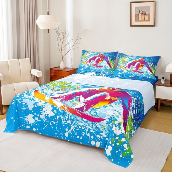 Castle Fairy Skiing Skier 4pcs Bed Sheets,Watercolor Splash King Sheets,Sport Game Super Cozy Sheet Set,Lightweight Abstract Room Decor