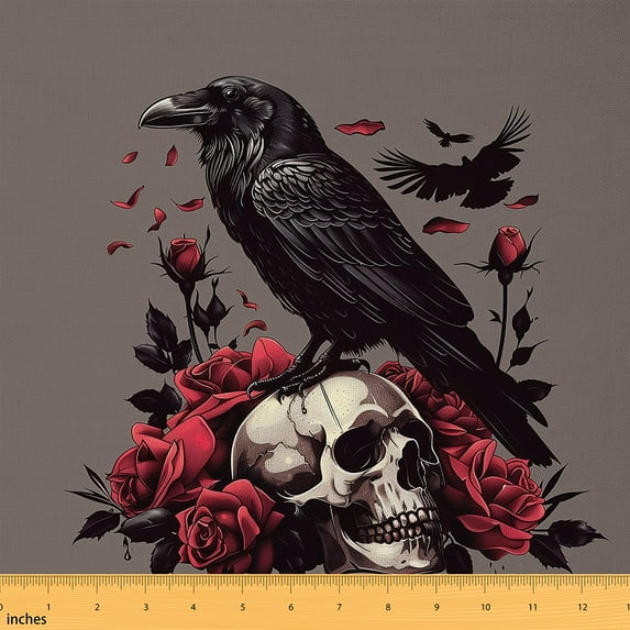 Castle Fairy Skull Crow Fabric by the Yard 3 Yards,Gothic Style Sewing Fabric,Chic Flower Rose Fabric for Sewing,Luxury Bedroom Decor