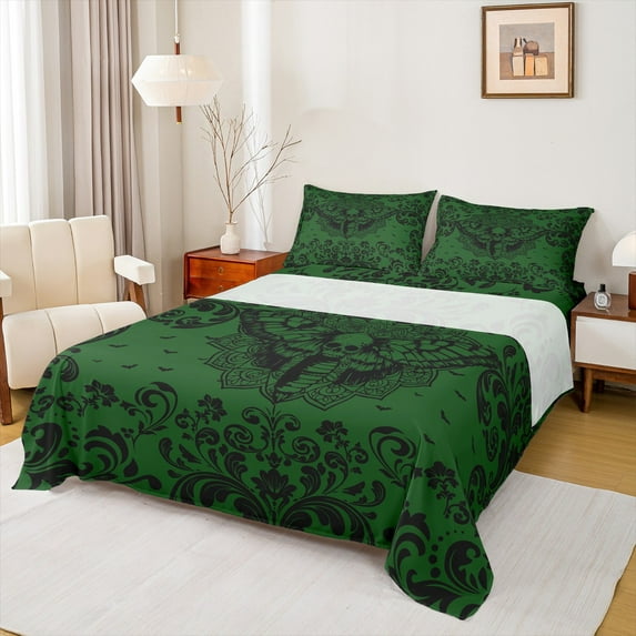 Castle Fairy Skull Moth Damask 4pcs Bed Sheets for Female Men,Abstract Gothic Theme King Sheets,Bohemian Traditional Flower Super Cozy Sheet Set,Microfiber Bedroom Decor
