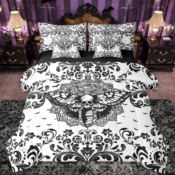 Castle Fairy Skull Moth Damask Twin Bedding Sets 7-Piece for Female Men,Abstract Gothic Theme Bedding Comforter Set Microfiber,Bohemian Traditional Flower Breathable Sheet Sets