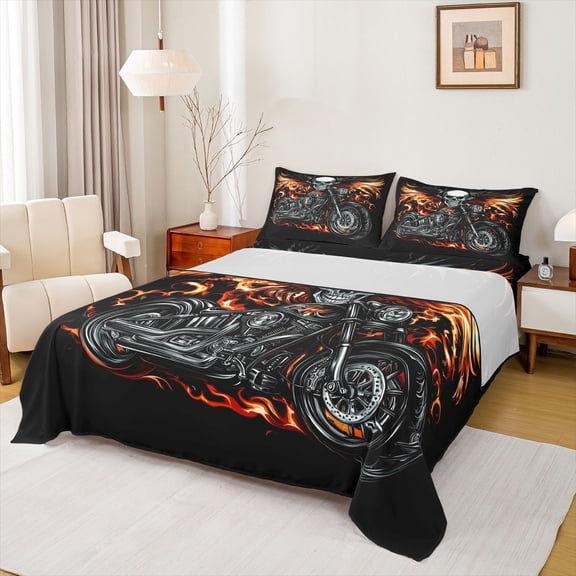 Castle Fairy Skull Motorcycle Bed Sheets 4pcs for Adults, Flame Print King Sheets for Bedroom, Black Red