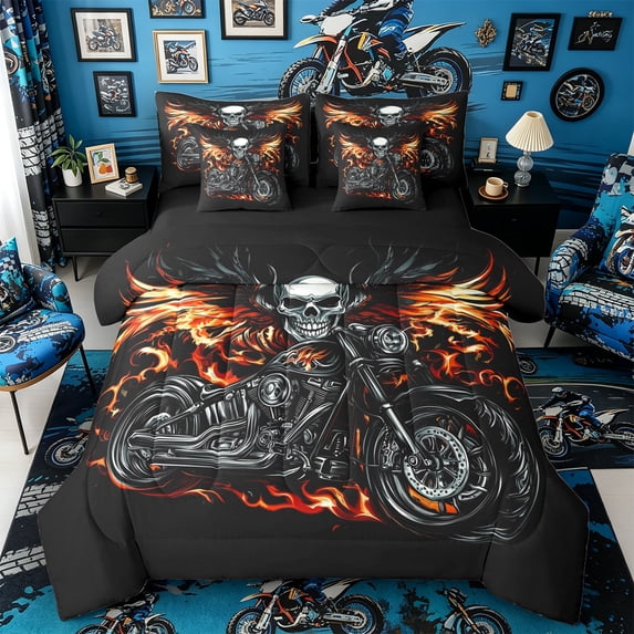 Castle Fairy Skull Motorcycle Twin Bedding Sets 7-Piece for Adults, Flame Print Bedding Comforter Set for Bedroom, Black Red,Black Reversible