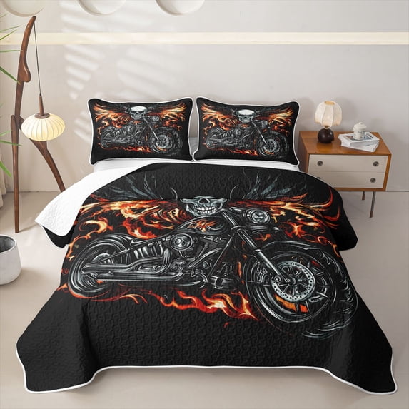 Castle Fairy Skull Motorcycle Twin Quilt Set,Flame Print Twin Coverlet Set for Bedroom,Black Red