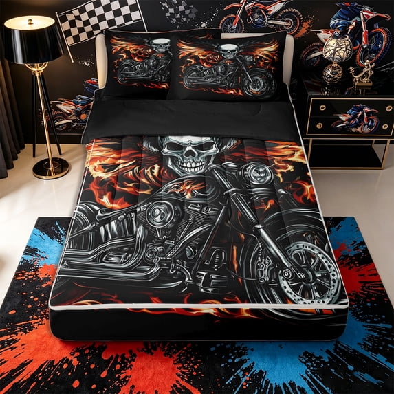 Castle Fairy Skull Motorcycle Zipper Twin Comforter Sets with Fitted Sheet and 2 Pillowcases,Flame Print Zipper Bedding Set for Bedroom,Black Red,4-Piece,Black Reversible