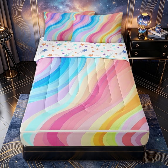 Castle Fairy Smooth Pastel Fluid Swirl Zipper Full Size Comforter Sets with Fitted Sheet and 2 Pillowcases,Soft Gradient Ribbon Abstract Tile Zipper Bedding Set,Pink Sky,Reversible,4pcs