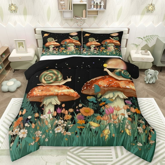 Castle Fairy Snail Mushroom Boy Girl Full Size Comforter Sets 3-Piece,Chic Floral Flowers Bedding Comforter Set,Botanical Plants Lightweight Bedding Sets,Ultra Soft Home Decor,Reversible