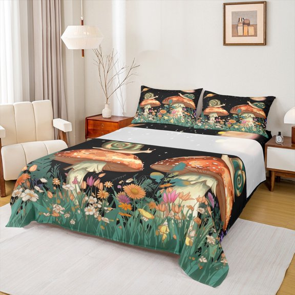 Castle Fairy Snail Mushroom Boy Girl Twin Sheet Sets 3pcs,Chic Floral Flowers Twin Fitted Sheet Microfiber,Botanical Plants Breathable Flat Sheet,Ultra Soft Home Decor