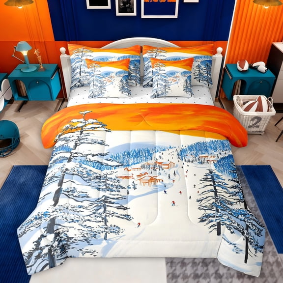 Castle Fairy Snow Skiing Twin Bedding Sets for Teens,Winter Sport Bedding Comforter Set