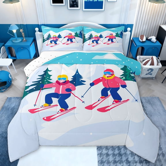 Castle Fairy Snow Skiing Twin Comforter Sets for Teenagers,Winter Sport Bedding Set