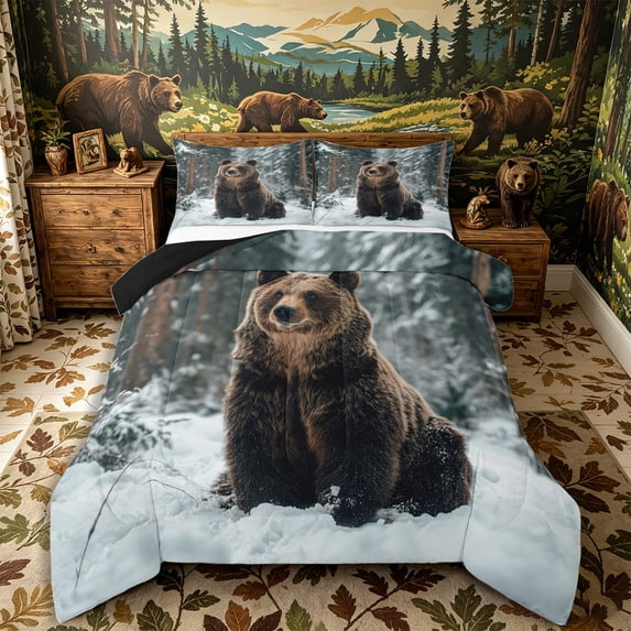 Castle Fairy Snow Wildlife Bear King Size Comforter Sets 3pcs,Frost Pine Forest Comforters King Size,Brown White Gray,Black Reversible,1 Comforter and 2 Pillowcases