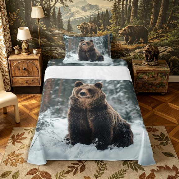 Castle Fairy Snow Wildlife Bear Twin Sheets 3pcs,Frost Pine Forest Bedding,Brown White Gray,1 Fitted Sheet, 1 Flat Sheet and 1 Pillowcase