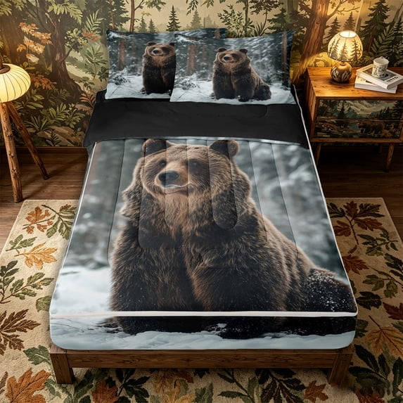 Castle Fairy Snow Wildlife Bear Zipper Full Size Comforter Sets with Fitted Sheet and 2 Pillowcases,Frost Pine Forest Zipper Bedding Set,Brown White Gray,Black Reversible,4pcs