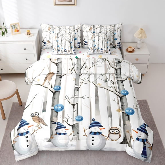 Castle Fairy Snowman Owl 7pcs Bedding Comforter Set for Kids,Tree Branches Queen Bedding Sets Super Cozy,Festival Xmas Queen Sheet Sets,Super Cozy Room Decor