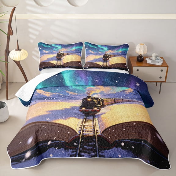 Castle Fairy Snowy Train Quilt Full,Open Book Full Bedspread Sets for Bedroom,Gold and Blue