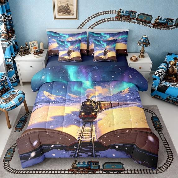Castle Fairy Snowy Train Twin Bedding Sets 7-Piece for Children, Open Book Bedding Comforter Set for Bedroom, Gold and Blue,Navy Blue Reversible