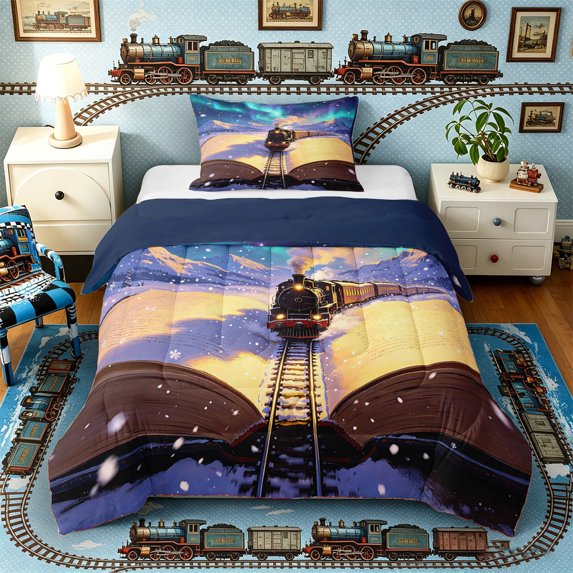 Castle Fairy Snowy Train Twin Comforter Sets 3-Piece for Children, Open Book Bedding Set for Bedroom, Gold and Blue,Navy Blue Reversible