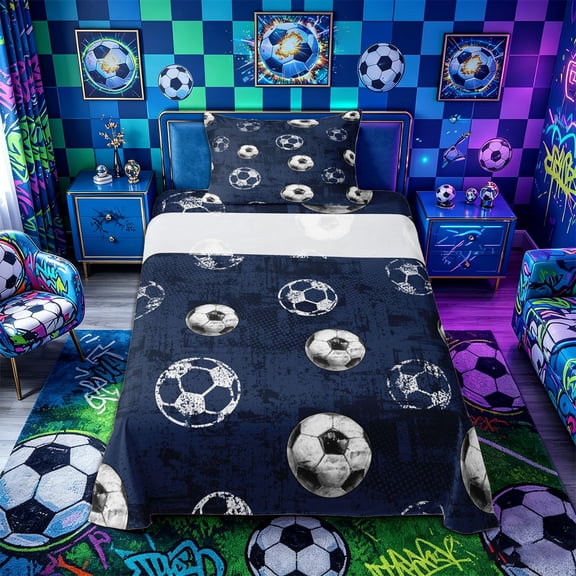 Castle Fairy Soccer Ball Print Twin Sheets 3pcs, Sport Theme Bedding, Navy Blue White,1 Fitted Sheet, 1 Flat Sheet and 1 Pillowcase