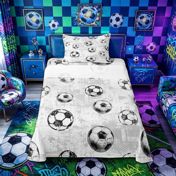 Castle Fairy Soccer Ball Print Twin Sheets 3pcs, Sport Theme Bedding, White Black Gray,1 Fitted Sheet, 1 Flat Sheet and 1 Pillowcase
