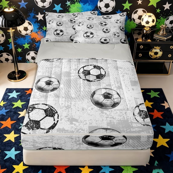 Castle Fairy Soccer Ball Print Zipper Full Size Comforter Sets with Fitted Sheet and 2 Pillowcases, Sport Theme Zipper Bedding Set, White Black Gray,4pcs,Grey Reversible