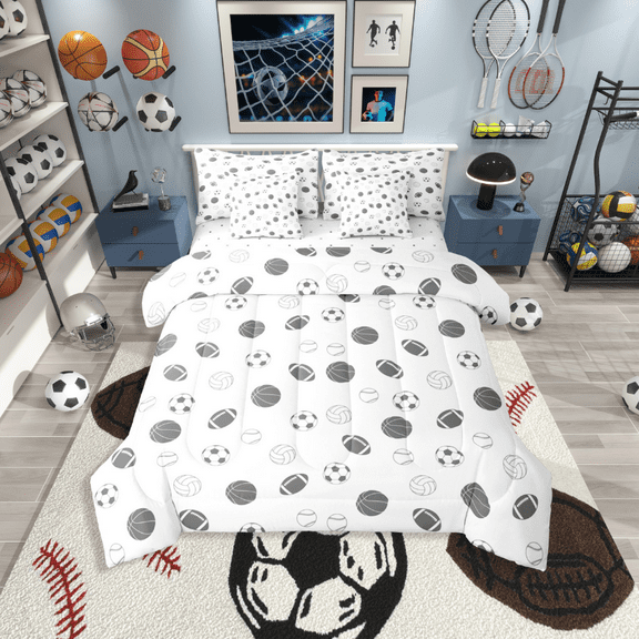 Castle Fairy Soccer Basketball Football 7-Piece Twin Bedding Sets,Sport Theme Bedding Comforter Set,Ball Gamer Breathable Sheet Sets,Super Cozy Gaming Room Decor,Reversible