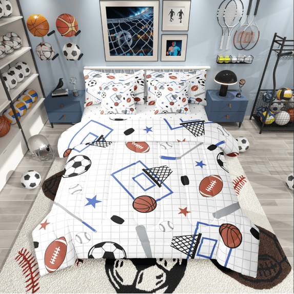 Castle Fairy Soccer Basketball Football 7 Pieces Bedding Comforter Set for Teenagers,Sport Theme Full Bedding Set Lightweight,Ball Gamer Fitted Sheet Flat Sheet,Super Cozy Room Decor