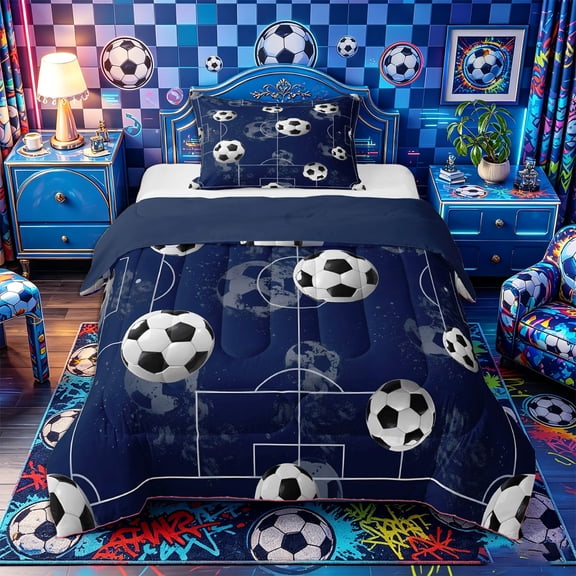 Castle Fairy Soccer Field Pattern Twin Comforter Sets 2pcs, Classic Football Bedding Set, Navy Black White,Navy Blue Reversible,1 Comforter and 1 Pillowcase