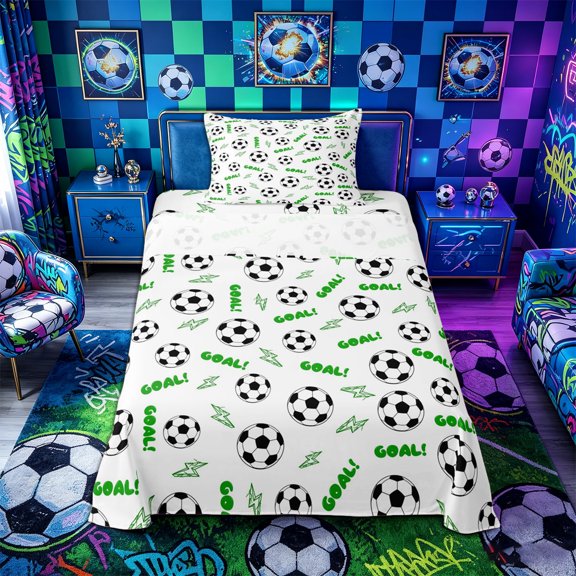 Castle Fairy Soccer Goal Sport Twin Sheets 3pcs, Green Lightning Bedding,1 Fitted Sheet, 1 Flat Sheet and 1 Pillowcase