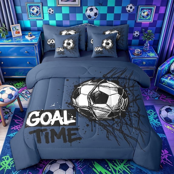 Castle Fairy Soccer Goal Time Full Size Bedding Sets 7 Pieces, Sport Graffiti Splash Full Size Bed in a Bag, Black White Navy Blue,Navy Blue Reversible