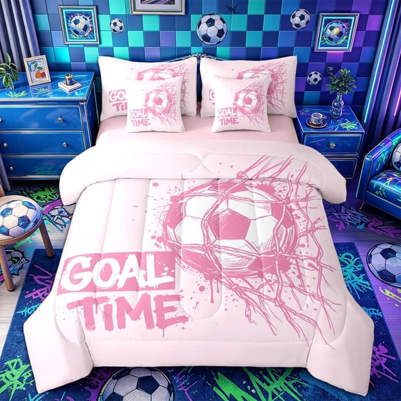 Castle Fairy Soccer Goal Time Twin Bedding 7-Piece, Sport Graffiti Splash Bedding Comforter Set, Pink White,Pink Reversible