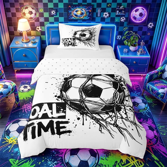 Castle Fairy Soccer Goal Time Twin Duvet Cover, Sport Graffiti Splash Twin Bedding, Black White,2pcs,1 Duvet Cover and 1 Pillowcase