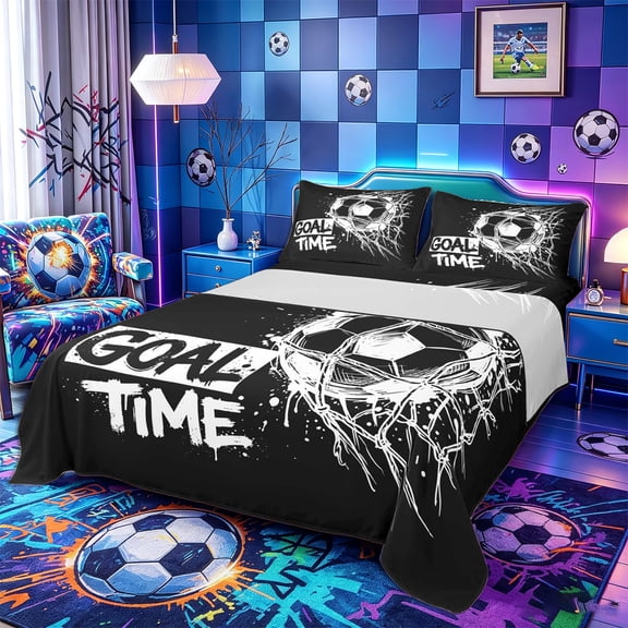 Castle Fairy Soccer Graffiti Splash Bed Sheets 4-Piece, Vintage Geometric Stripes Full Size Sheets, Black White,1 Fitted Sheet, 1 Flat Sheet and 2 Pillowcases