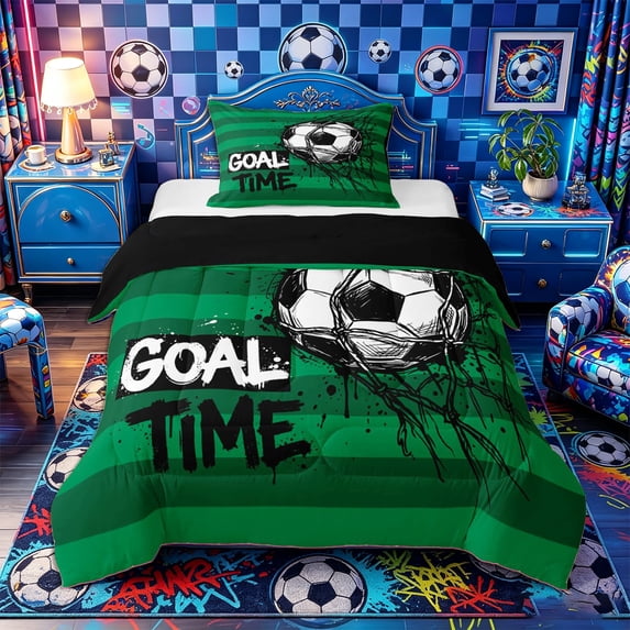 Castle Fairy Soccer Graffiti Splash Twin Comforter Sets 2pcs, Vintage Geometric Stripes Bedding Set, Green Black White,Black Reversible,1 Comforter and 1 Pillowcase