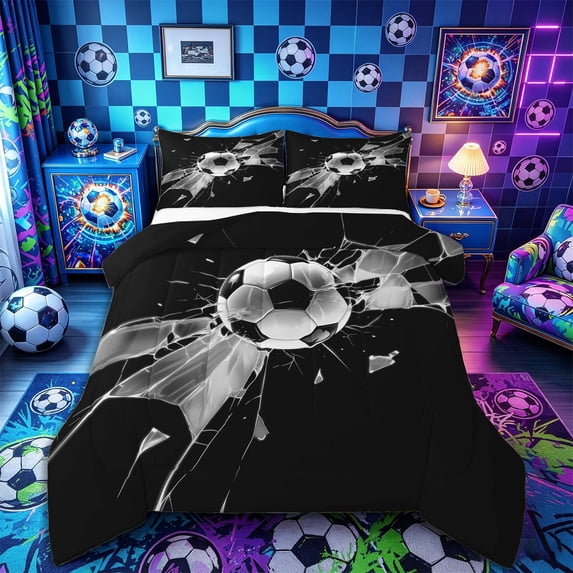 Castle Fairy Soccer Print Full Size Comforter Sets 3-Piece, Abstract Grid Bedding Comforter Set, Black Gray,Black Reversible,1 Comforter and 2 Pillowcases
