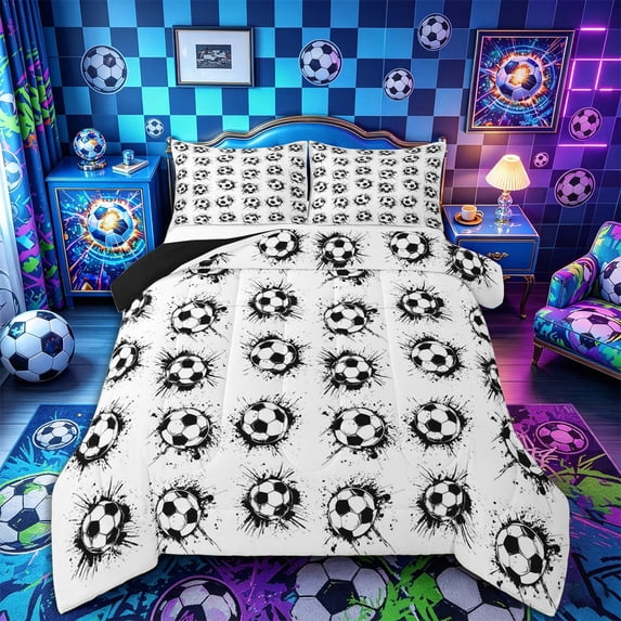 Castle Fairy Soccer Print Full Size Comforter Sets 3-Piece, Graffiti Splash Bedding Comforter Set, Black White,Black Reversible,1 Comforter and 2 Pillowcases