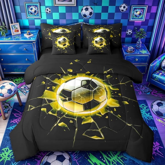 Castle Fairy Soccer Print King Bedding 7pcs, Abstract Grid King Bed in a Bag, Black Yellow,Black Reversible