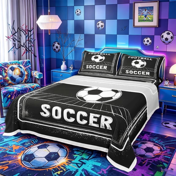 Castle Fairy Soccer Print King Sheets 4pcs, Sport Theme Bedding, Black White,1 Fitted Sheet, 1 Flat Sheet and 2 Pillowcases