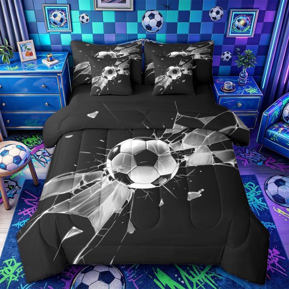Castle Fairy Soccer Print Twin Bedding 7-Piece, Abstract Grid Bedding Comforter Set, Black Gray,Black Reversible