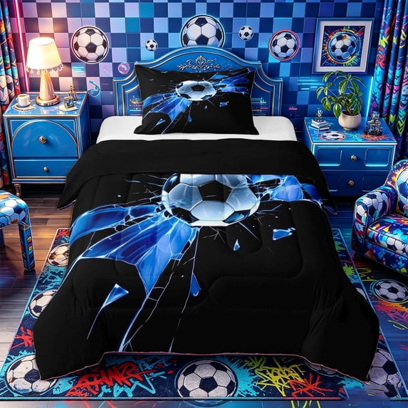 Castle Fairy Soccer Print Twin Comforter Sets 2pcs, Abstract Grid Bedding Set, Black Blue,Black Reversible,1 Comforter and 1 Pillowcase